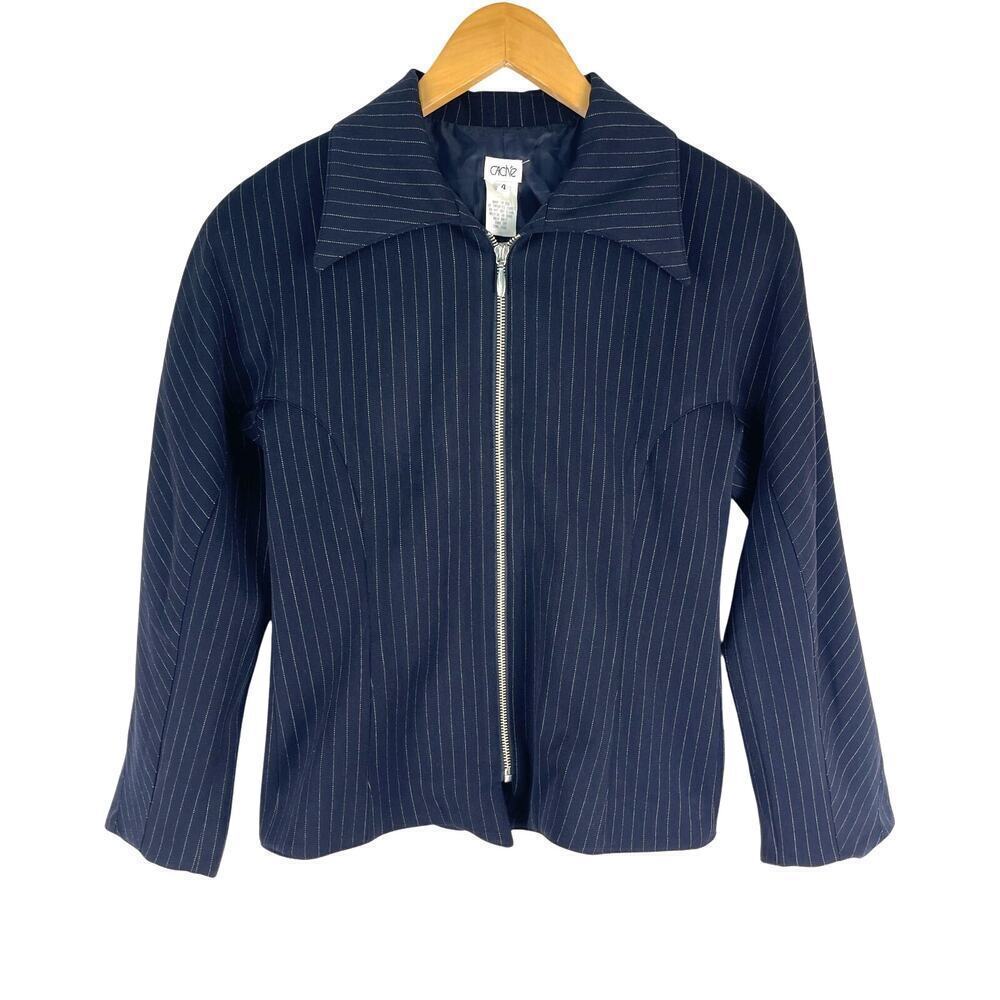 Vintage Y2K Cache Navy Pinstripe Zipper Stretchy Jacket Pointed Collar Women's 4